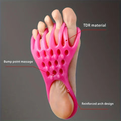 Foot Stretcher - Bright pink foot orthotic worn on a sole of a human foot, with labeled points indicating material, massage bumps, and arch design.
