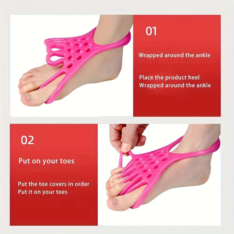 Foot Stretcher - Two-step demonstration of placing a pink silicone foot appliance around an ankle and onto toes