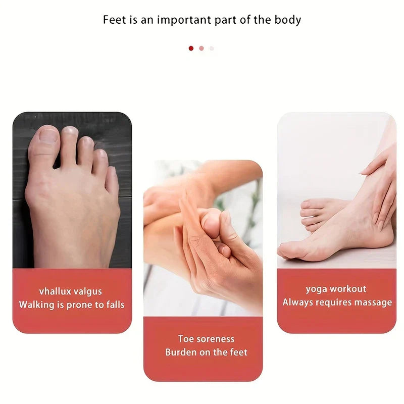Foot Stretcher - Three panels showing a foot with hallux valgus, a hand rubbing a sore foot, and a foot being massaged