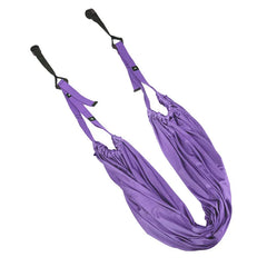 Stretching Strap - Purple aerial yoga hammock with black hanging straps and adjustment buckles, laid out against a white background