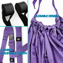 Stretching Strap - Closeup detail collage showing padded door anchors, adjustable webbing buckle, and gathered fabric sling construction
