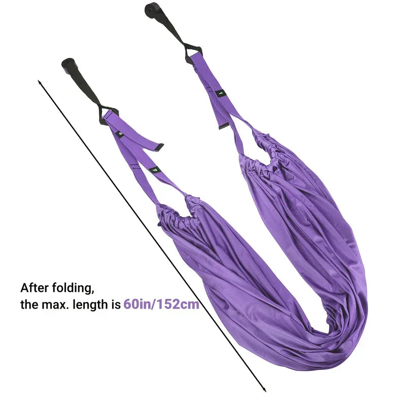 Stretching Strap - Purple fabric yoga stretch sling with two hanging straps, with text noting folded maximum length 60in/152cm.