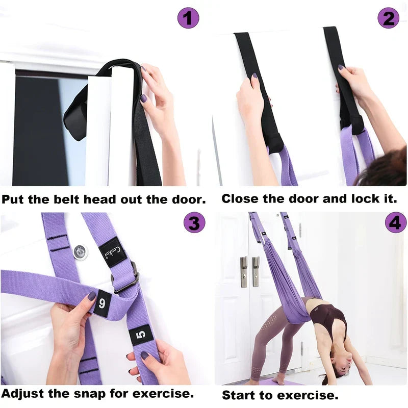 Stretching Strap - Four-step installation and use sequence for a purple door-mounted yoga stretch sling.