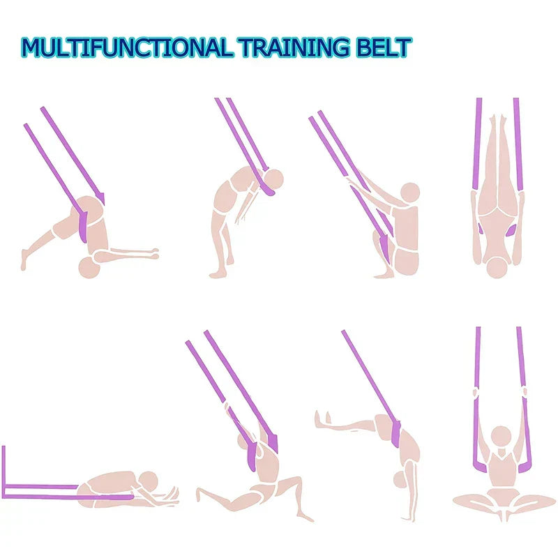 Stretching Strap - Diagram showing eight supported poses using a purple multifunctional training belt, on a white background with blue title text.