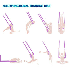 Stretching Strap - Diagram showing eight supported poses using a purple multifunctional training belt, on a white background with blue title text.