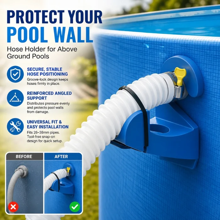 Pool Hose Support Clips - Infographic showing hose holder installed on a blue above-ground pool wall, with feature callouts and before/after comparison of hose positioning