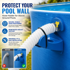 Pool Hose Support Clips - Infographic showing hose holder installed on a blue above-ground pool wall, with feature callouts and before/after comparison of hose positioning