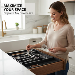 Cutlery Storage Organizer - A woman places silverware into a black cutlery organizer inside an open kitchen drawer