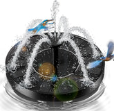 Black solar-powered fountain with 6 spray modes, kingfishers in flight, water splashing
