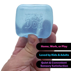 Nice Cube - Hand holding a translucent light blue glittery rounded cube, three black text bubbles to its right.