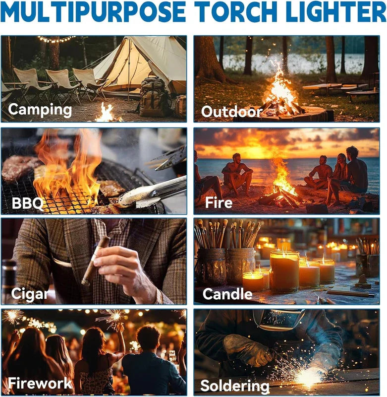 Jet Lighter - Grid of use case examples for multipurpose torch lighters across camping, BBQ, cigars, and other tasks