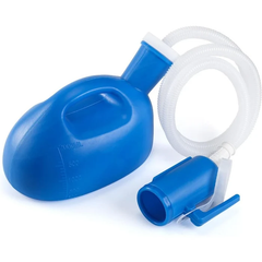 Detachable Hose - Blue plastic male urinal with attached coiled white hose, showing open urine receiver end and volume markings on the bottle.