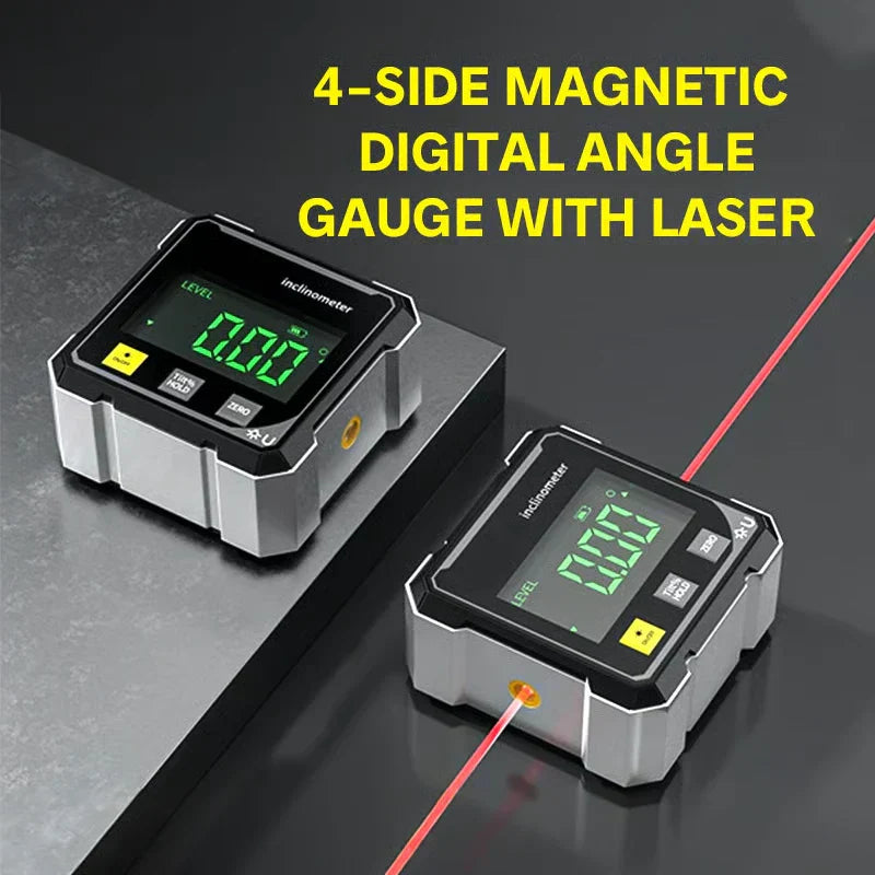 4-side Magnetic Digital Angle Gauge With Laser - Two 4-side magnetic digital angle gauges with laser levels, green displays showing 0.00, resting on dark surfaces