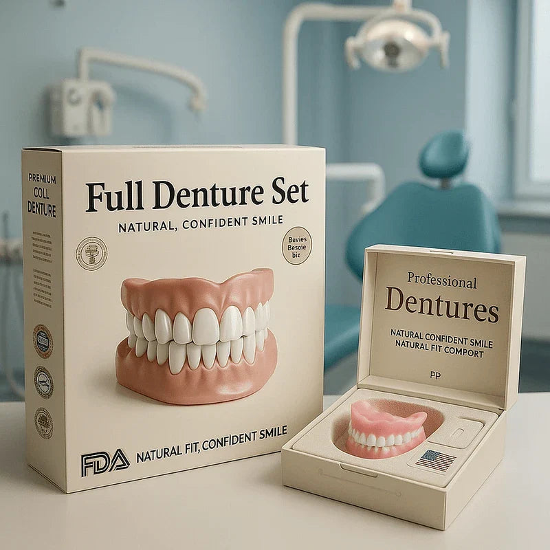 Complete denture set packaging and open box displaying upper denture on a counter in a dental clinic