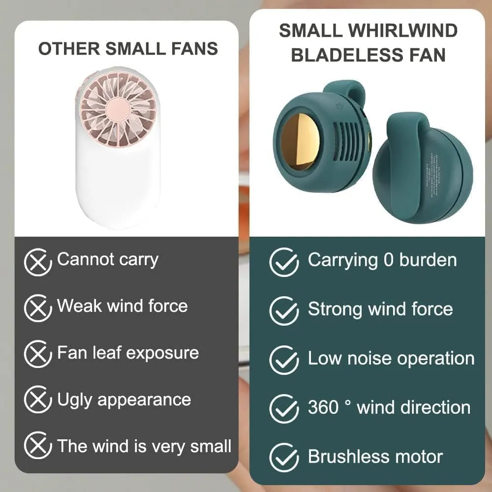 Comparison: bladeless fan vs traditional small fan highlighting portability, wind strength, safety, and noise