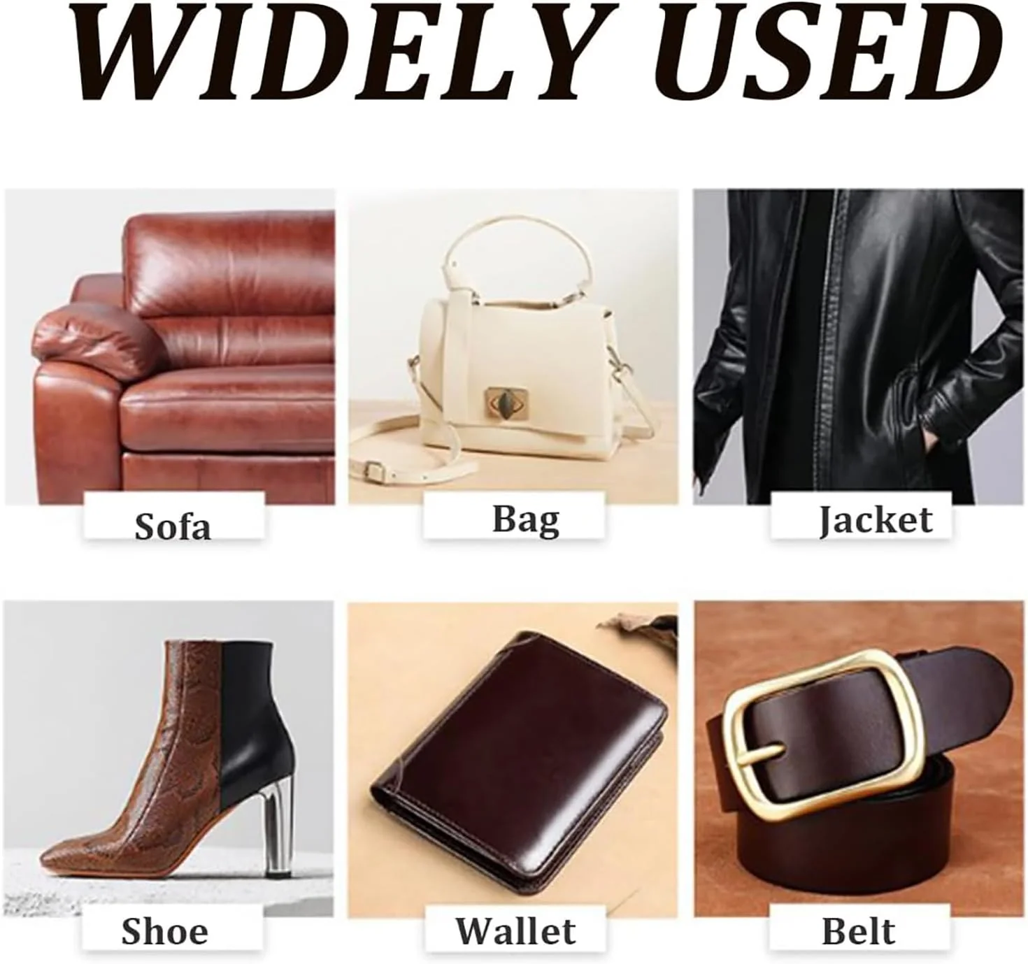 Furniture Salve - Grid showing six labeled leather items: sofa, handbag, jacket, ankle boot, wallet, belt, with 'WIDELY USED' text above.