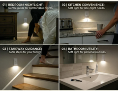 outlet cover with integrated led night guidelight shown in 4 home use scenarios: bedroom, kitchen, stairway, bathroom