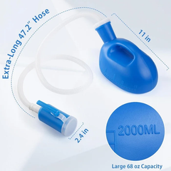 Detachable Hose - Blue plastic male urinal with 47.2-inch white hose, marked dimensions, and 2000ml (68oz) capacity callout.