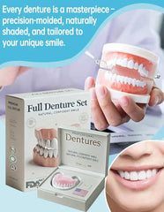 Dental model holding product boxes, close-up of a person’s smile, and text describing a complete denture set