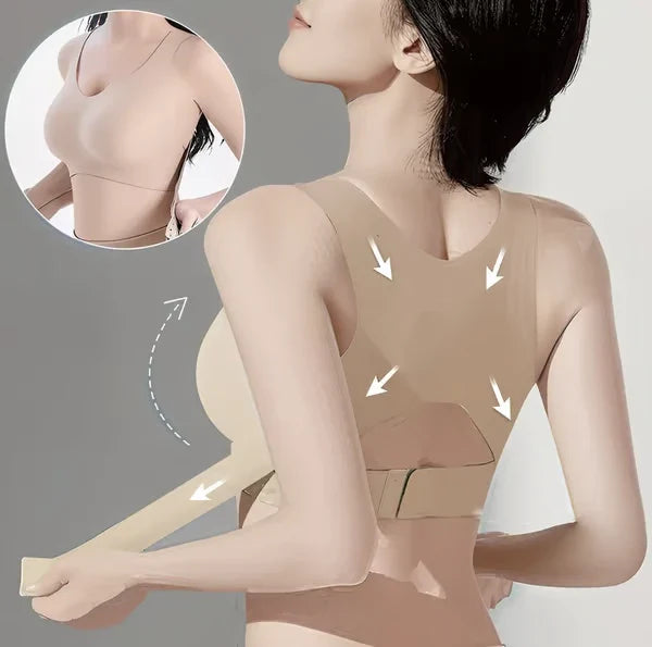Back view of a person wearing a beige posture corrector bra, with arrows indicating back support and front lift, plus a small front inset.