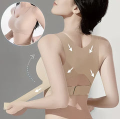 Back view of a person wearing a beige posture corrector bra, with arrows indicating back support and front lift, plus a small front inset.