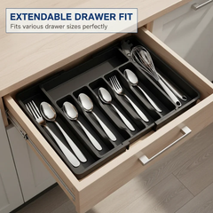 Cutlery Storage Organizer - Gray organizer adjusted to a narrow width holding flatware and a whisk in a light wood drawer