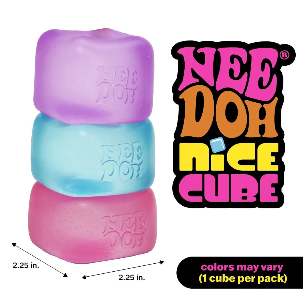 Nice Cube - Stack of three translucent rounded cubes in purple, light blue, pink, with brand logo and size callouts.
