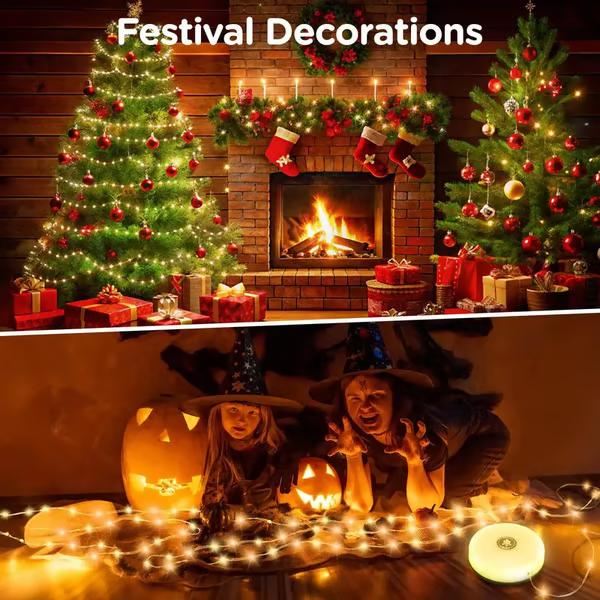 Camping String Lights - Two-panel image: top shows Christmas-decorated fireplace with string lights; bottom shows two costumed people by lit jack-o-lanterns with string lights