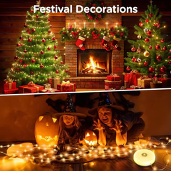 Camping String Lights - Two-panel image: top shows Christmas-decorated fireplace with string lights; bottom shows two costumed people by lit jack-o-lanterns with string lights