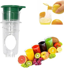 Citrus juicer tool with green top and clear body, shown with fresh fruits and colorful juices
