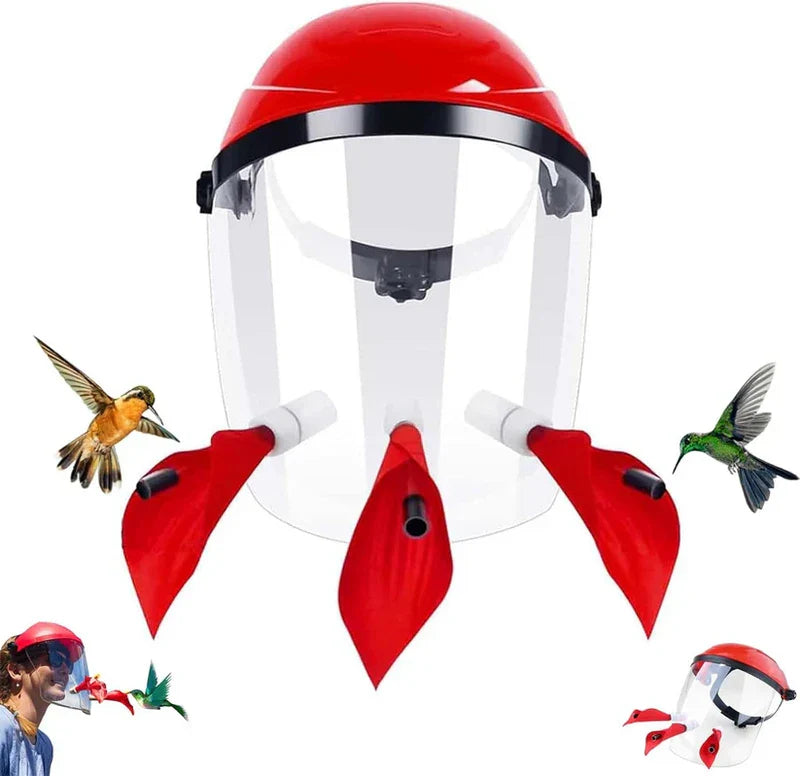 Hummingbird Feeder Helmet - Red wearable feeder with clear visor and three red flower-shaped feeding ports, product shot with small use insets