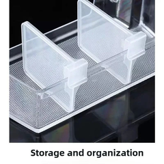 Adjustable Fridge Dividers - Close-up of two clear plastic adjustable dividers clipped inside a transparent textured storage bin