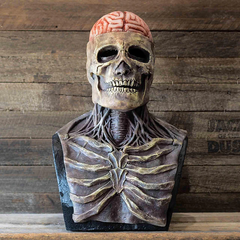 halloween kostume - Forfra af en blottet hjerne-skelet-buste-skulptur, der viser fuldt ansigtsskelet, hals og øvre ribbendetaljer.