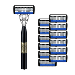 Razor System - Black manual cartridge razor with patterned gold band on handle, shown with 12 replacement cartridges arranged to its right.