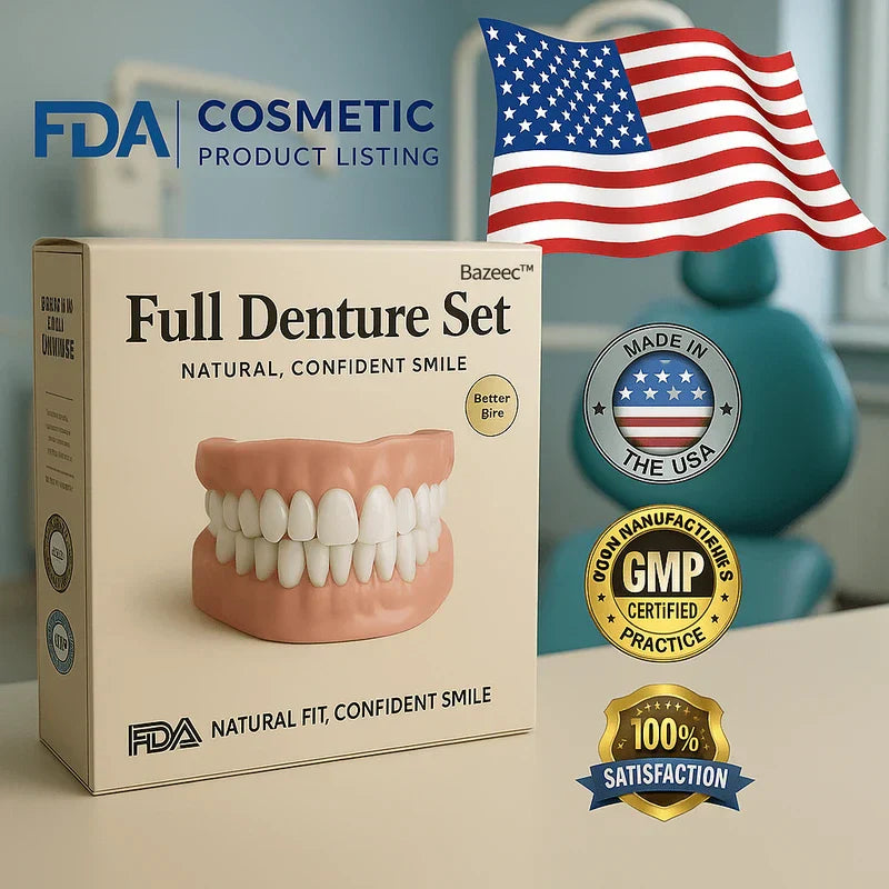 Complete denture set product box with USA flag, FDA, GMP, and satisfaction badge graphics
