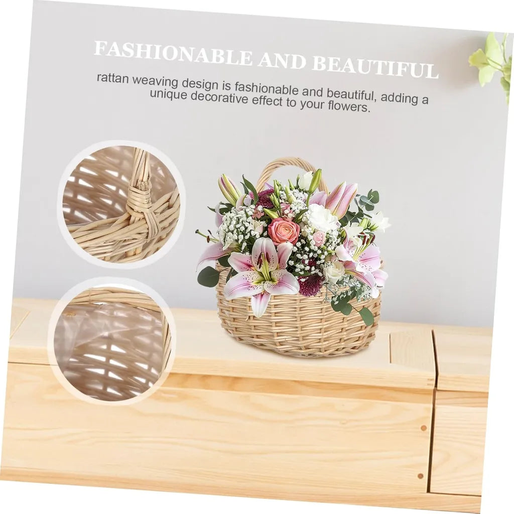 Storage Basket - Product display showing a wicker flower basket with a floral arrangement, text, and two close-up insets of the basket's weave and interior lining, set on a light wooden surface