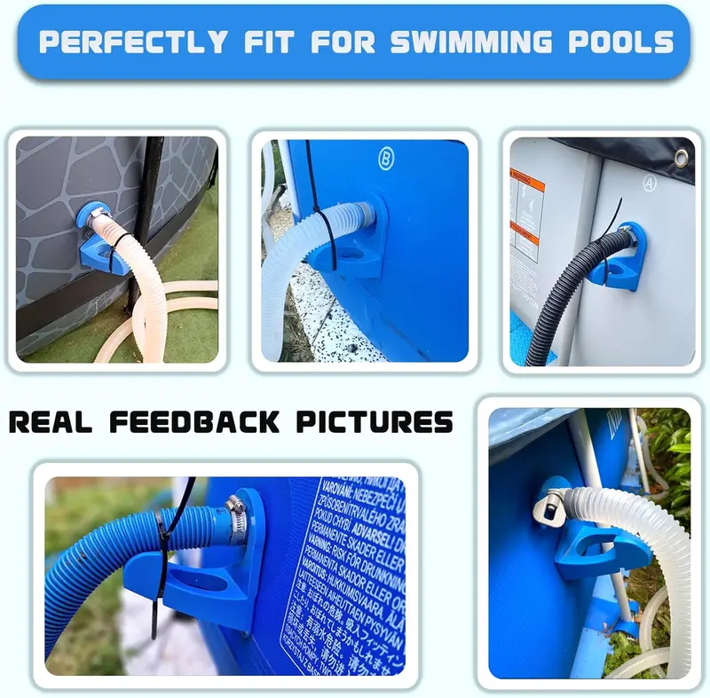 Pool Hose Support Clips - Collage of real-use photos showing a blue pool hose holder installed on different swimming pools, supporting various hoses