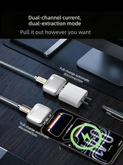 140w fast charger adapters connected to charger plug and smartphone on dark wood desk with dual mode text labels