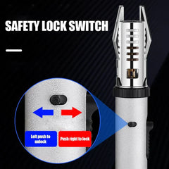 Jet Lighter - Partial side view of a torch lighter showing its safety lock switch, with a magnified inset of the switch positions for unlock and lock