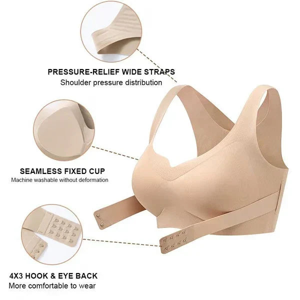 Beige posture corrector bra with callouts showing wide pressure-relief straps, seamless fixed cup, and 4x3 hook-and-eye back closure.