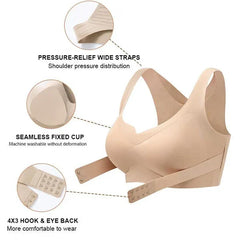 Beige posture corrector bra with callouts showing wide pressure-relief straps, seamless fixed cup, and 4x3 hook-and-eye back closure.
