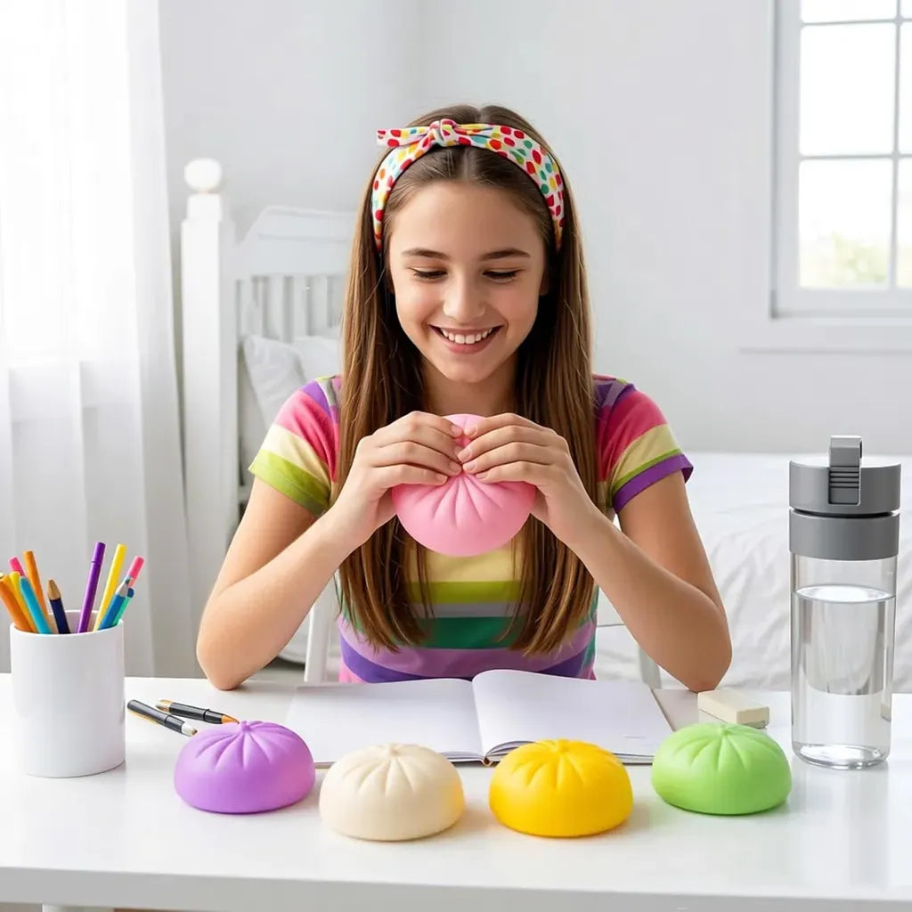 Dumpling Squishy - Girl at a desk holds a pink squishy toy shaped like a steamed bun, with four other colored bun squishies arranged on the tabletop.