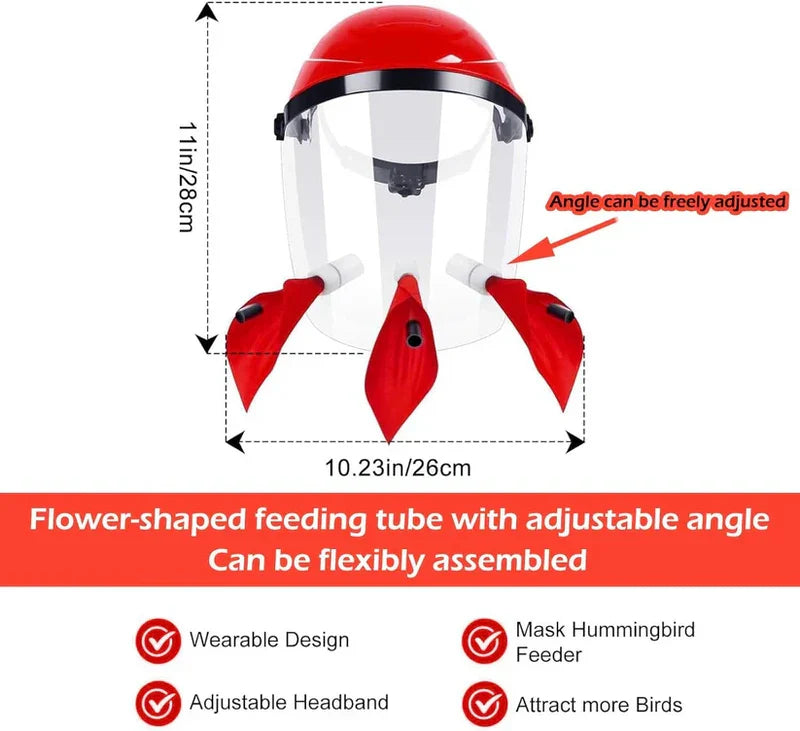 Hummingbird Feeder Helmet - Red wearable head-mounted hummingbird feeder with clear face shield, three red flower feeding ports, dimension labels and feature checkmarks