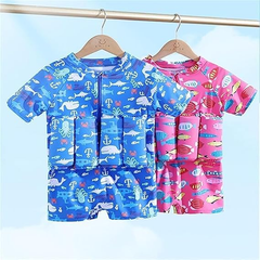 Buoyancy Float Swimsuit - Two kids buoyancy swimsuits hanging, blue ocean print and pink fish print toddler float swimwear