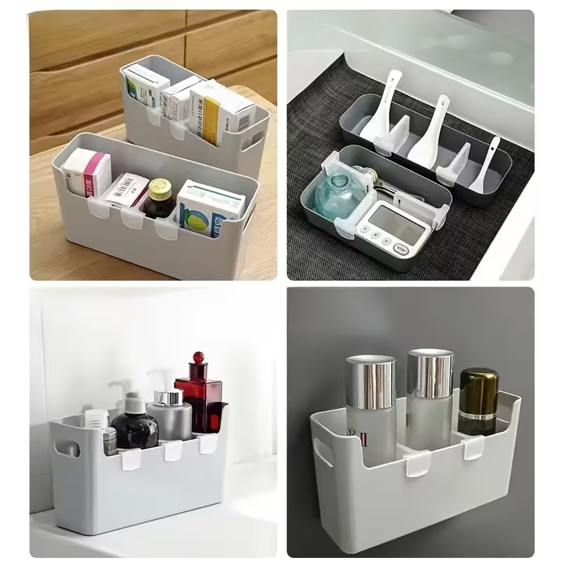 Adjustable Fridge Dividers - Four-panel collage showing adjustable divided plastic storage boxes organizing medicines, utensils, and toiletries
