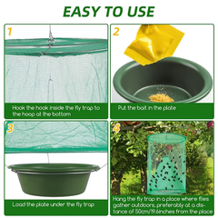 4-step easy use guide for a fly trap, showing assembly, adding bait, and outdoor hanging setup
