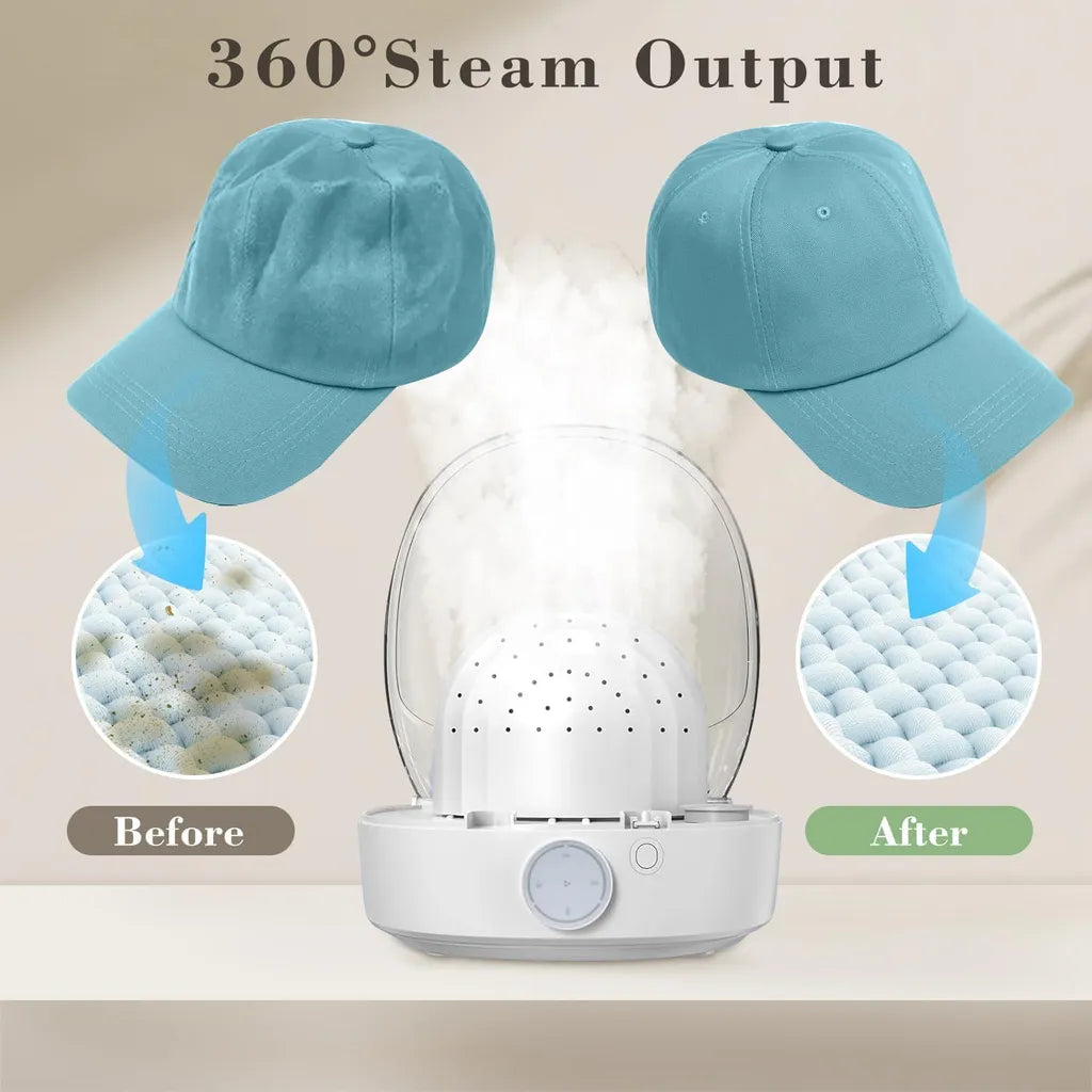 360-degree steam output cleaning baseball cap before and after comparison