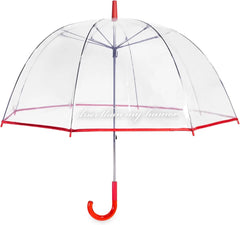 Transparent bubble umbrella with red accents and 'drier than my humor' text, front view