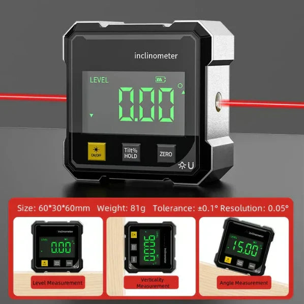 4-side Magnetic Digital Angle Gauge With Laser - Digital inclinometer emitting horizontal red laser line with size, weight, tolerance specs and measurement mode examples below