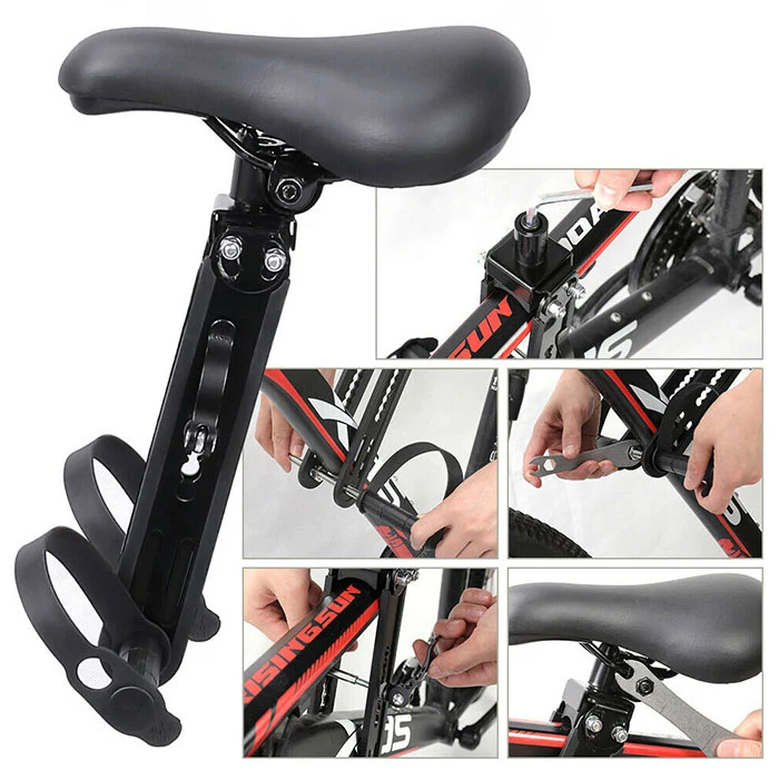 Child bike seat mounted on a bicycle, with four small inset photos showing step-by-step installation on a bike frame